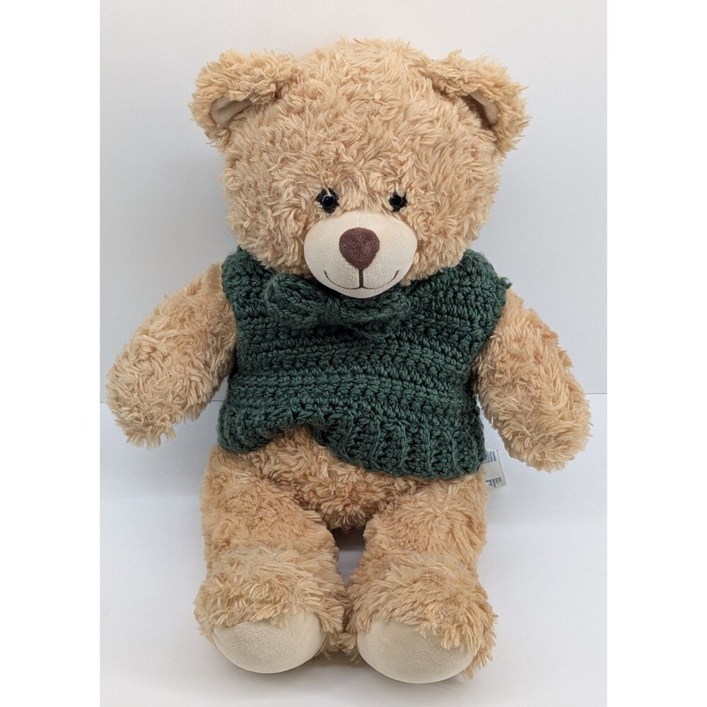 Build-A-Bear Workshop Light Brown Plush Teddy Bear with Green Crocheted Vest 15"